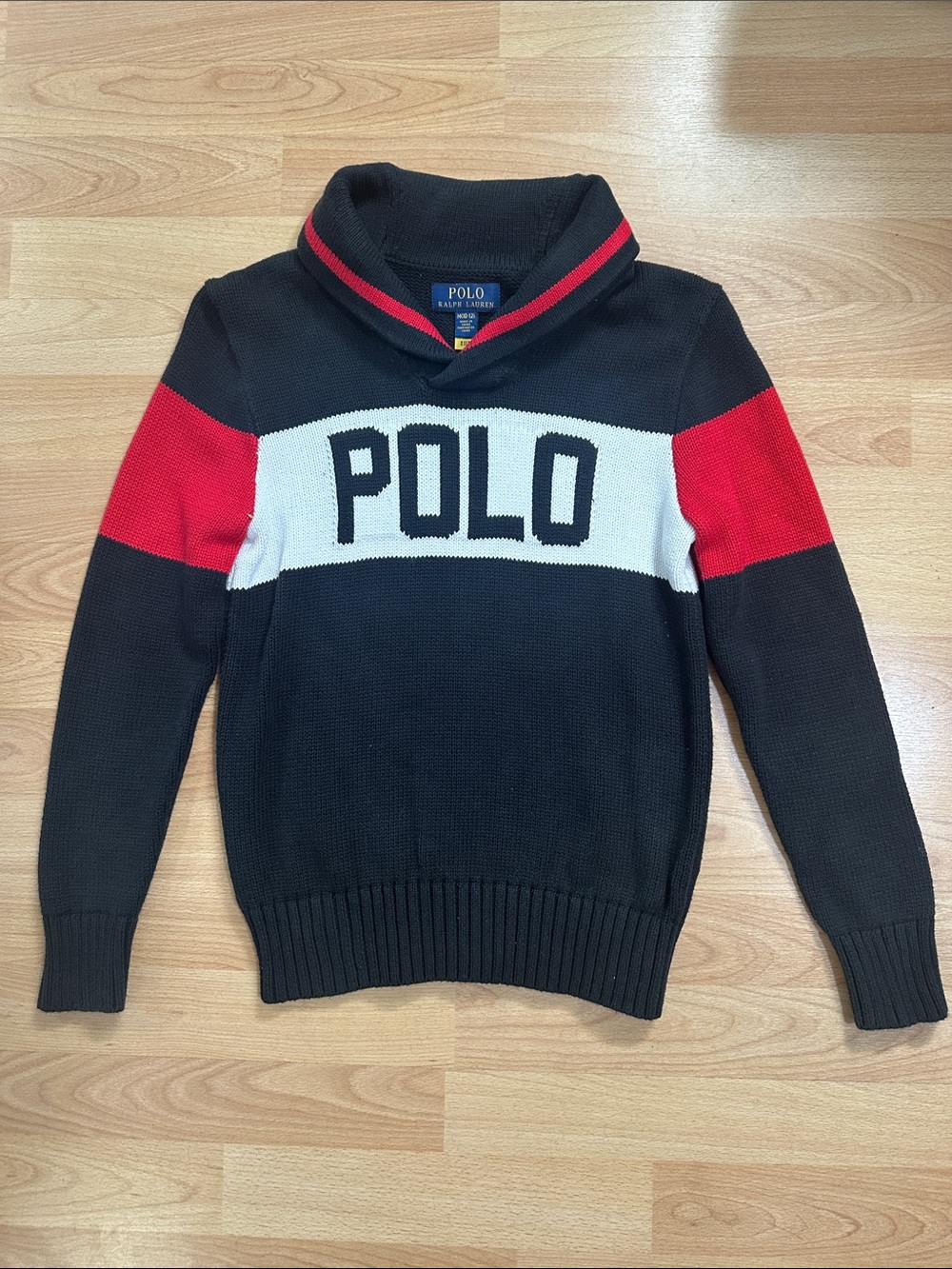 Polo by Ralph Lauren Black, Red & White Shawl Collar Knit Sweater